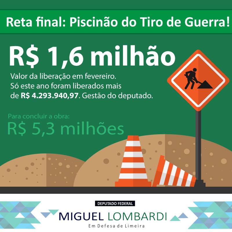 Novo repasse para o Piscinão do Tiro de Guerra: R$ 1,6 milhão